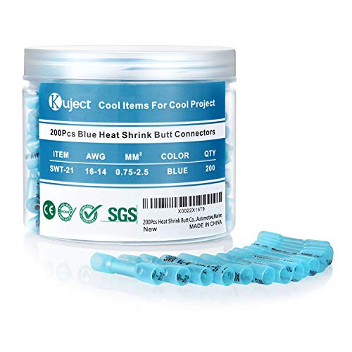 Kuject 200Pcs Heat Shrink Butt Connectors 16-14 AWG, Crimp Electrical Wire Connectors, Insulated Waterproof Butt Splice Terminal for Automotive, Marine, Audio