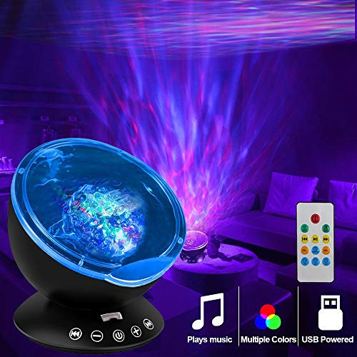 KBAYBO Remote Control Ocean Wave Projector 12 LED &7 Colors Night Light Projector with Built-in Mini Music Player for Living Room and Bedroom (Black)