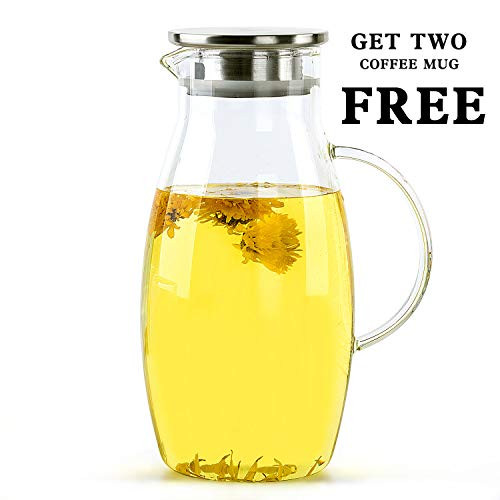 2.0 Liter Glass Water Pitcher with Stainless Steel Lid, Beverage Jug for Juice Lemon Water Iced Tea, Water Carafe with Handle, 68 Oz
