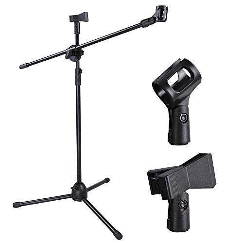 AW Adjustable Height Microphone Stand Dual Mic Clip 90-Degree Rotating Folding Type Boom Arm Tripod