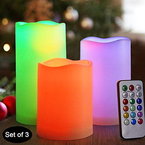 HOME MOST Set of 3 Flickering Flameless LED Pillar Candles with Remote 3x4 3x5 3x6 Multi Colored - Unscented Battery Operated Outdoor Pillar Candles Waterproof Bulk - Color Changing Candles