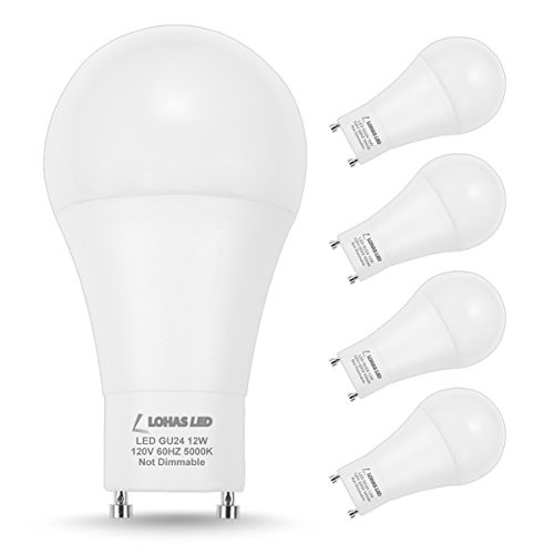 LOHAS GU24 Base Light Bulb, 1200Lumen Daylight White 5000K LED Bulb 12Watt, 75W-100W CFL Equivalent A19 Shape for Ceiling Fan, Twist Lock GU24 Base Bulb, Non-Dimmable, 240 Degree Beam Angle(4 Pack)
