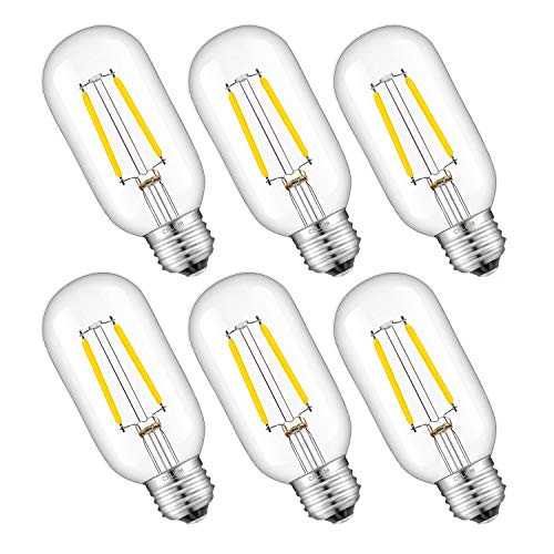 CRLight LED Tubular Edison Bulb 4000K Daylight White 30W Equivalent 300 Lumens, 2W Dimmable E26 Base Antique T14(T45) Clear Glass Tubular LED Filament Bulbs, 6 Pack CRLight LED Tubular Edison Bulb 4000K Daylight White 30W Equivalent 300 Lumens, 2W Dimmable E26 Base Antique T14(T45) Clear Glass Tubular LED Filament Bulbs, 6 Pack