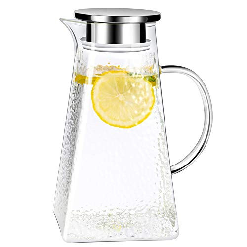 60 Ounces Glass Pitcher with Lid and Spout, G.a HOMEFAVOR Water Carafe with Diamond Pattern, Large Beverage Pitcher Jars for Homemade Juice and Iced Tea 