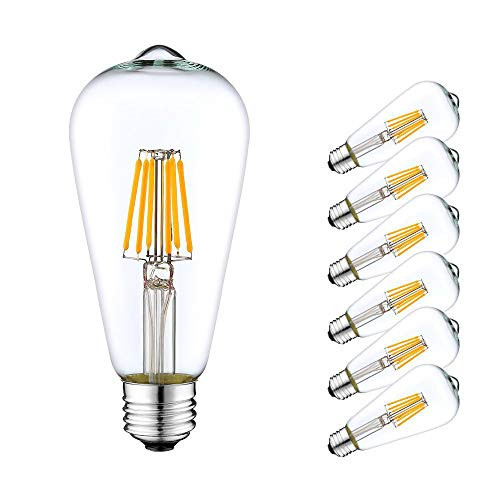 LAKES ST64 LED Bulb Dimmable, 6W Edison LED Filament Bulbs (60W Halogen Equivalent), Vintage LED Filament Bulbs, E26 Medium Base, 600lm, 2700K Warm White, Clear Glass (6-Pack)