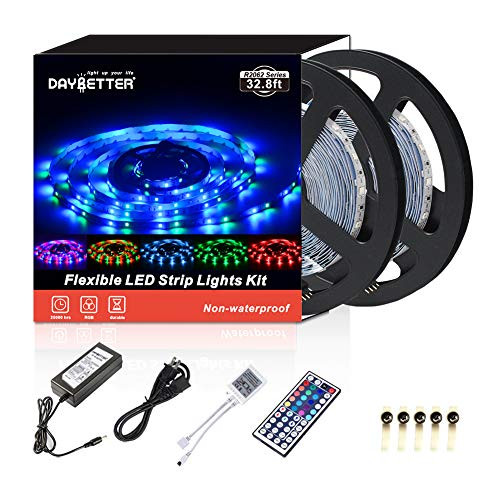 Led Strip Lights 32.8ft 10m 600LEDs Non waterproof Flexible Color Changing RGB SMD 3528 LED Strip Light Kit with 44 Keys IR Remote Controller and 12V Power Supply