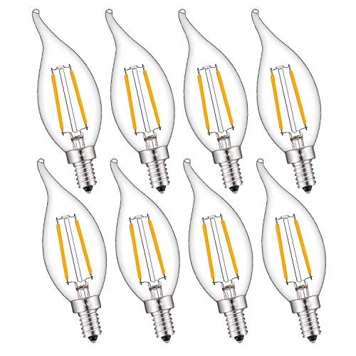 CRLight 2W 250LM Dimmable LED Candelabra Bulb 2500K Warm White, 25W Equivalent E12 Base LED Candle Bulbs, Antique CA11 Flame Shape Clear Glass Chandelier Light Bulbs, Pack of 8