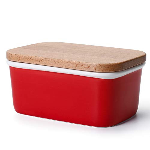 Sweese 301.104 Large Butter Dish - Porcelain Keeper with Beech Wooden Lid, Perfect for 2 Sticks of Butter, Red