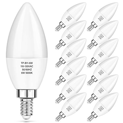 E12 Candelabra LED Bulbs 60W Equivalent, Daylight White 5000K, 6W Chandelier Light Bulbs 600 Lumens, B11 Candle lamp with Decorative Candelabra Base, Non-Dimmable, Pack of 12