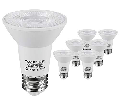 TORCHSTAR PAR20 LED Light Bulb, Dimmable 8W 50W Eqv. High CRI90 Flood Light, Damp Location, 3000K Warm White, E26 Medium Screw Base, Energy Star & UL Listed Spotlight, 3 YEARS WARRANTY, Pack of 6