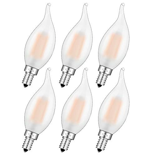 CRLight 6W LED Candelabra Bulb 2700K Warm White 60W Equivalent 600 Lumens, E12 Base Dimmable LED Chandelier Bulbs, Antique CA11 Frosted Glass Candle Flame Shape Bent Tip, Pack of 6