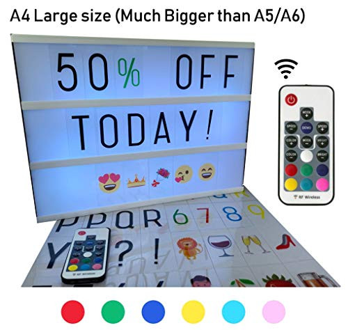 Large A4 Cinematic light box with Remote control and 211 letters and colored emojis. Light up letters for LED Message board, sign, marquee. USB and AA battery. Light up letter box By BestCircle
