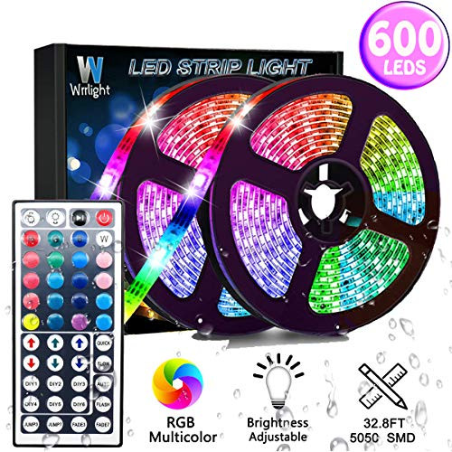 Led Strip Lights 32.8FT/10M 600LEDs Non-Waterproof Flexible Color Changing RGB SMD 3528 LED Strip Light Kit with 44 Keys IR Remote Controller and 12V Power Supply