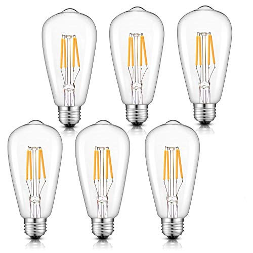 CRLight Dimmable LED Edison Bulb 4W 2700K Warm White, 400LM 40W Incandescent Equivalent Vintage ST64 / ST21 LED Filament Bulbs, E26 Medium Base Clear Glass, Pack of 6