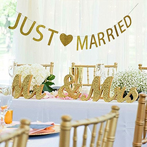 MEiySH Mr and Mrs Sign + Just Married Banner Wedding Decoration Wedding Present Silver - MR MRS Wooden Letters and Just Married Banner