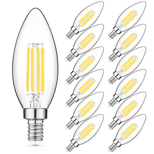 E12 LED Candelabra Bulb 40W Equivalent, Daylight White Chandelier LED Filament Light Bulbs 470lm, Decorative B11 Clear Glass Candle Lighting, Non-dimmable, Pack of 12