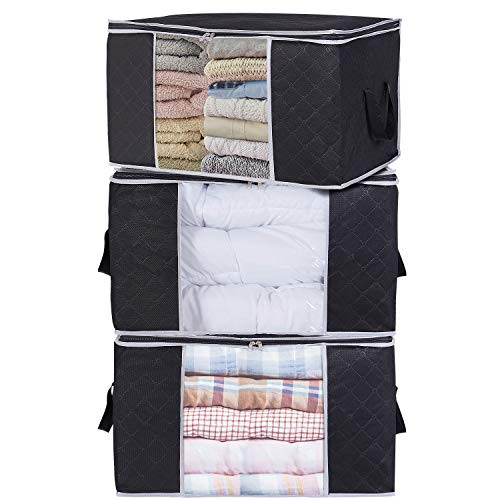 Lifewit Large Capacity Clothes Storage Bag Organizer with Reinforced Handle Thick Fabric for Comforters, Blankets, Bedding, Foldable with Sturdy Zipper, Clear Window, 3 Pack, Black