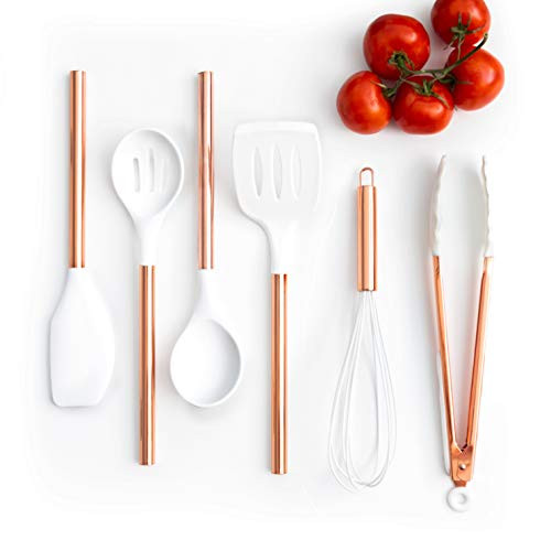 White Silicone and Copper Cooking Utensils for Modern Cooking and Serving, Stainless Steel Copper Serving Utensils Ideal Spatulas for Non Stick Cookware White Silicone and Copper Cooking Utensils for Modern Cooking and Serving, Stainless Steel Copper Serving Utensils Ideal Spatulas for Non Stick Cookware