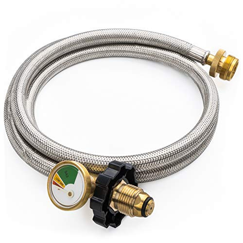 SHINESTAR 5FT POL Stainless Braided Propane Hose Adapter with Propane Tank Gauge, 1lb to 20lb Propane Converter Hose for Propane Stove, Tabletop Grill and More 1lb Portable Appliance