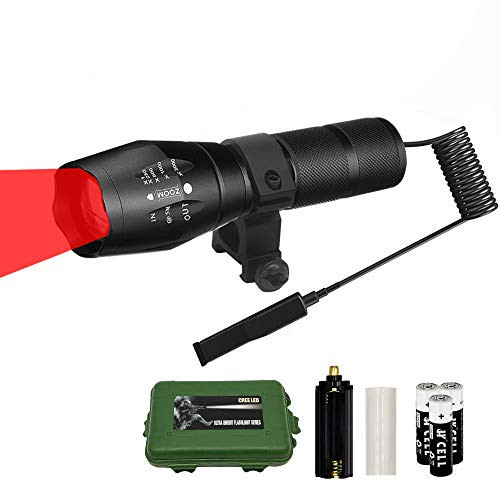 Souyos Red Hunting Flashlight,350 Yard Zoomable Predator Varmint Coyote Hog Hunting Light,Red Led Light Flashlight with Scope Mount,Pressure Switch