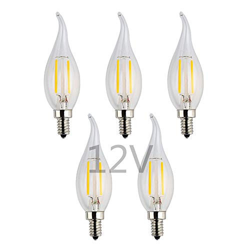 OPALRAY Low Voltage 12V LED Candelabra Bulb, 2W Dimmable with DC Dimmer, Warm White Light, E12 Small Base, 25W Incandescent Replacement, for Solar System 12V-24V Power, Clear Glass Flame Tip, 5 Pack