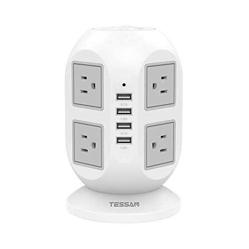 Power Strip Tower TESSAN Surge Protector 8 AC Outlets with 4 USB Ports Charging Station, Electric Outlets Long Extension Cord 10 Feet, Fast Charge for PC Laptops Phones