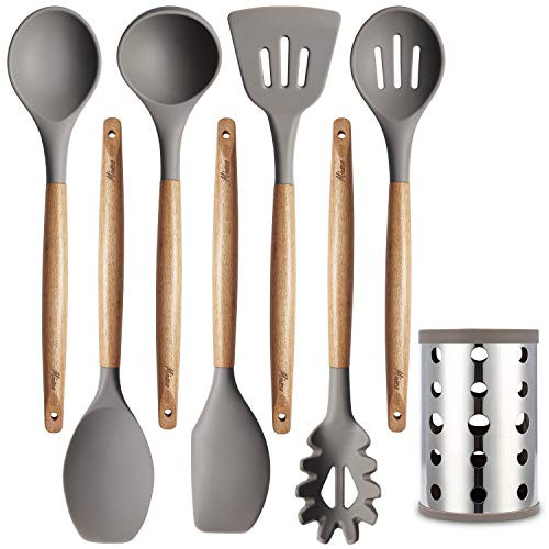 Miusco Silicone Cooking Utensils Set - 7 Piece Natural Acacia Wooden Kitchen Tool Kit with Utensil Holder