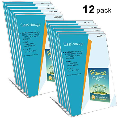 MaxGear Acrylic Sign Holder, 5 X 7 inches Clear Plastic Sign Holder, Slant Back Design Table Sign Holders - Acrylic Frames Plastic Display Stand for Office, Home, Store, Restaurant- Vertical, 12 Pack