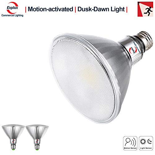 Explux Dimmable Security PAR38 LED Flood Lights with Motion Sensor & Dusk-Dawn Daylight Sensor, Weatherproof, 5000K Daylight, 14W=120W, 2-Pack