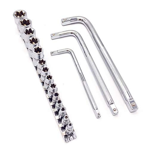JENLEY 17pc FEMAIL E-TORX(Star) Socket Set/Rail,Female External Torx Socket set,E4-E20 with L Handle