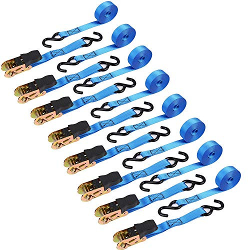 Ohuhu Ratchet Tie Down Strap 8-Pack Blue, Ratchet Tie Downs Logistic Straps - 15 Ft - 500 Lbs Loatd Cap with 1500lb Breaking Limit - Cargo Straps for Lawn Equipment, Moving Appliances, Motorcycle