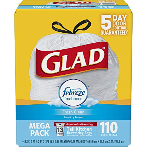 Glad Tall Kitchen Drawstring Trash Bags - OdorShield 13 Gallon Grey Trash Bag, Febreze Fresh Clean - 110 Count