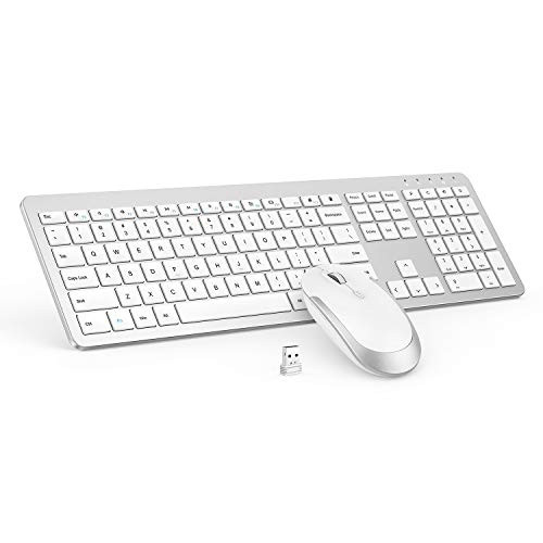 Wireless Keyboard and Mouse Combo - Full Size Slim Thin Wireless Keyboard Mouse with Numeric Keypad with On/Off Switch on Both Keyboard and Mouse - White & Silver
