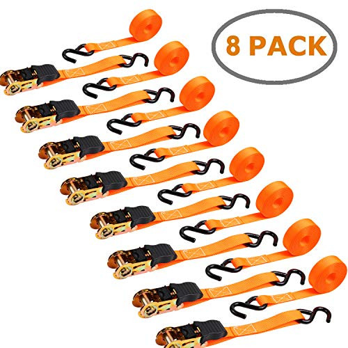 Ohuhu 8 Pack Orange Ratchet Strap, Ratchet Tie Downs Logistic Straps - 15 Ft - 500 lbs Loatd Cap with 1500lb Breaking Limit - Cargo Straps for Lawn Equipment, Moving Appliances, Motorcycle