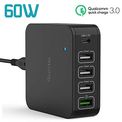USB C PD Charger, Quntis 60W USB Wall Charger 5 Port- Type C Power Delivery 3.0 + USB A QC 3.0 Charge + 3 USB A Smart Port Compatible with MacBook Pro, iPad Pro, iPhone Xs XR X 8 Plus 8, Galaxy S9 S8