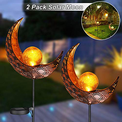 LVJING Garden Solar Lights Outdoor Pathway Decorative Solar Moon Garden Stake Lights, Solar Landscape Lights with Crackle Glass Globe,Waterproof Auto On/Off for Yard,Patio,Lawn(2 Pack)