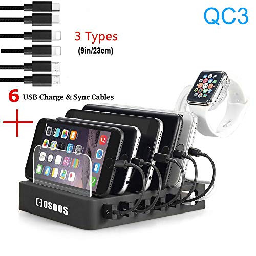 COSOOS Fastest Charging Station with QC3, 6 Phone Charger Cables(3 Types),lWatch Stand,6-Port USB Charger Station,Charging Station for Multiple Devices,Tablet,Kindle(UL Certified)