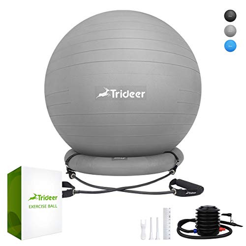 Trideer Ball Chair, Exercise Stability Yoga Ball with Base & Resistance Bands for Home and Office Desk, Flexible Ball Seat with Pump, Improves Balance, Core Strength & Posture (Silver, 75cm)