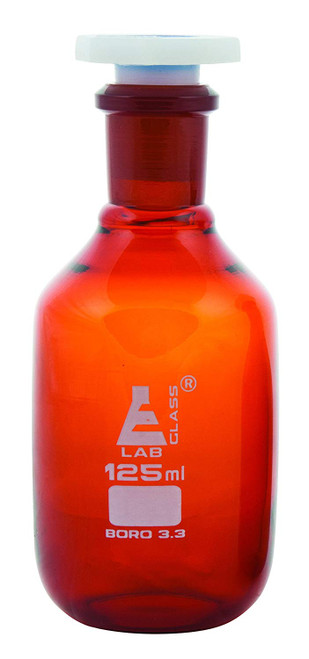 Eisco Labs 125ml Amber Reagent Bottle , Narrow Mouth with Acid Proof Polypropylene stopper, socket size 19/26