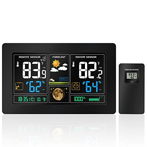 Protmex Indoor Outdoor Weather Station, Digital Color Forecast Station with Alert and Temperature/Humidity/Barometer/Alarm/Moon Phase/Atomic Clock and USB Charging with Outdoor Sensor Black(PT3378)