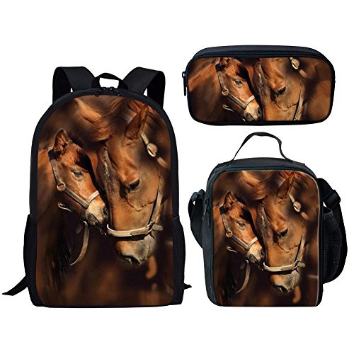 Dellukee School Backpack Set Lunch Bag Pen Bags Cute Durable Bookbags Daypacks Horse Print