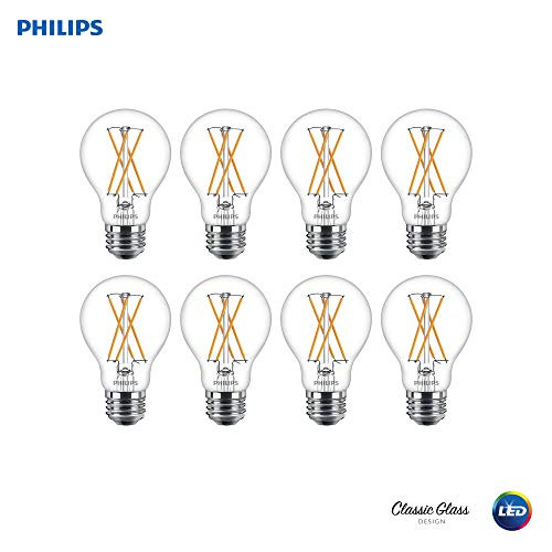 Philips LED 536532 Dimmable A19 Clear X-Filament Glass Light Bulb with Warm Glow Effect: 800-Lumens, 2700-Kelvin, (60-Watt Equivalent), Soft White, E26 Medium Screw Base, 8 Pack, Piece