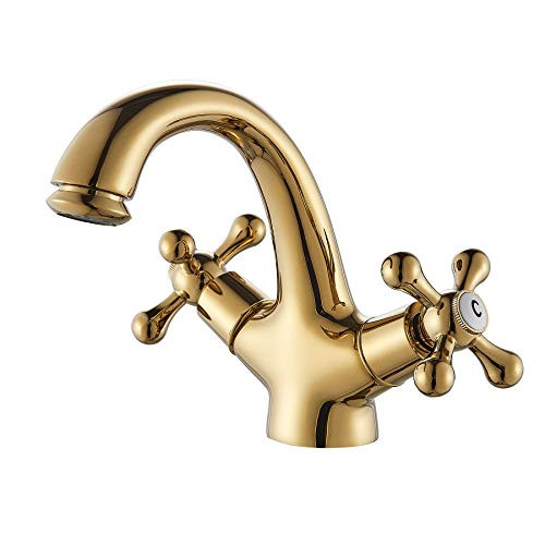 Rozin Deck Mounted 2 Knobs Basin Faucet Single Hole Bathroom Vanity Sink Mixing Tap Gold Polished