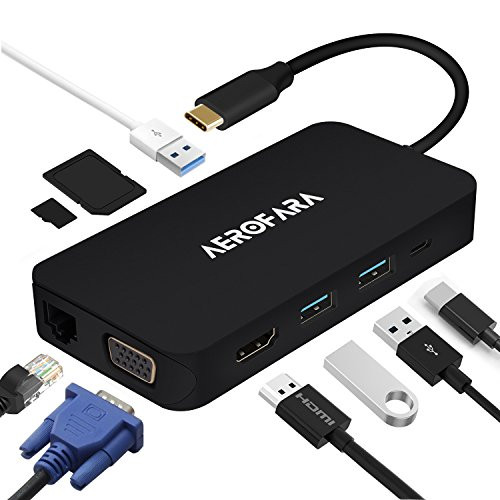 USB C Hub USB C Adapter VGA HDMI Dual Display, USB C Hub to USB 3.0 3 Port,HDMI 4K,1080P VGA, 3.5 mm Audio, RJ45 Gigabit Ethernet, SD/TF Card Reader with USB Type C PD Charging