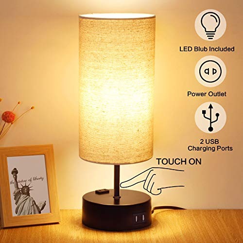 3 Way Dimmable Touch Table Lamp, 2 USB Charging Ports with Power Outlet. Nightstand Lamp, Bedside Lamp,Bedroom Lamp for Bedroom, Living Room, Office, A Dimmable LED Bulb Included