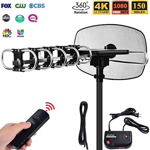 OnLyee Outdoor TV Antenna - Amplified Digital TV Antenna 150 Mile Motorized 360 Degree Rotation for 2 TVs Support - UHF/VHF/4K/1080P Channels Receiver with Wireless Remote Control - 40ft Coax Cable