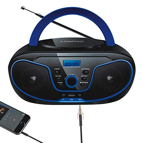 LONPOO CD Player Portable Boombox FM Radio, Bluetooth MP3/CD Player, with Aux-in, USB&Headphone Jack