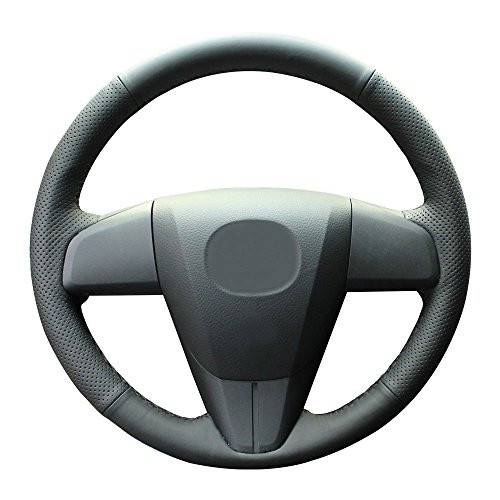Eiseng Car Steering Wheel Cover for 2010 2011 2012 2013 Mazda 3 / 2012 2013 Mazda 6 / 2012-2015 Mazda 5 / 2010-2015 Mazda CX-9 Interior Accessories DIY 15 Inches Black Genuine Leather (Black Thread)