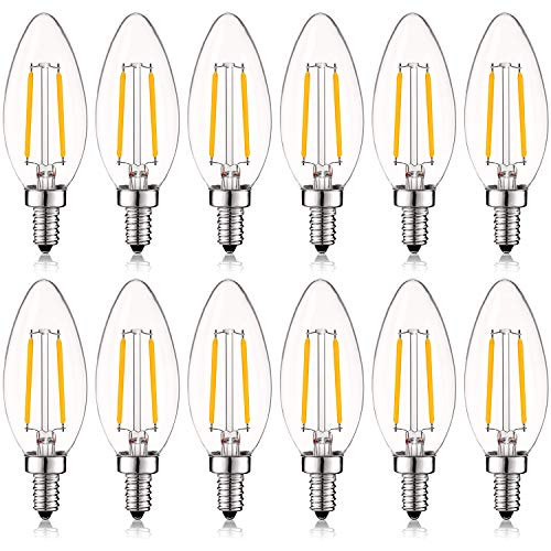 Luxrite 4W Vintage Candelabra LED Bulbs Dimmable, 400 Lumens, 2700K Warm White, E12 LED Bulb 40W Equivalent, Torpedo Tip Clear Glass, Edison Filament LED Candle Bulb, UL Listed (12 Pack)