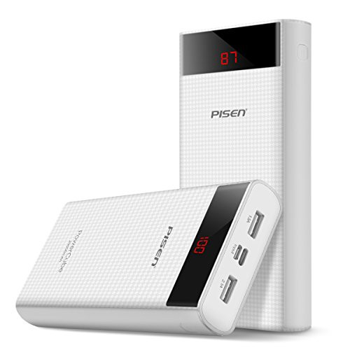 PISEN 20000mAh Portable Charger - Dual USB Output Power Bank with LED Display Type C & Micro USB Inputs Battery Pack Compatible for iPhone, iPad, Samsung Galaxy and More (White)